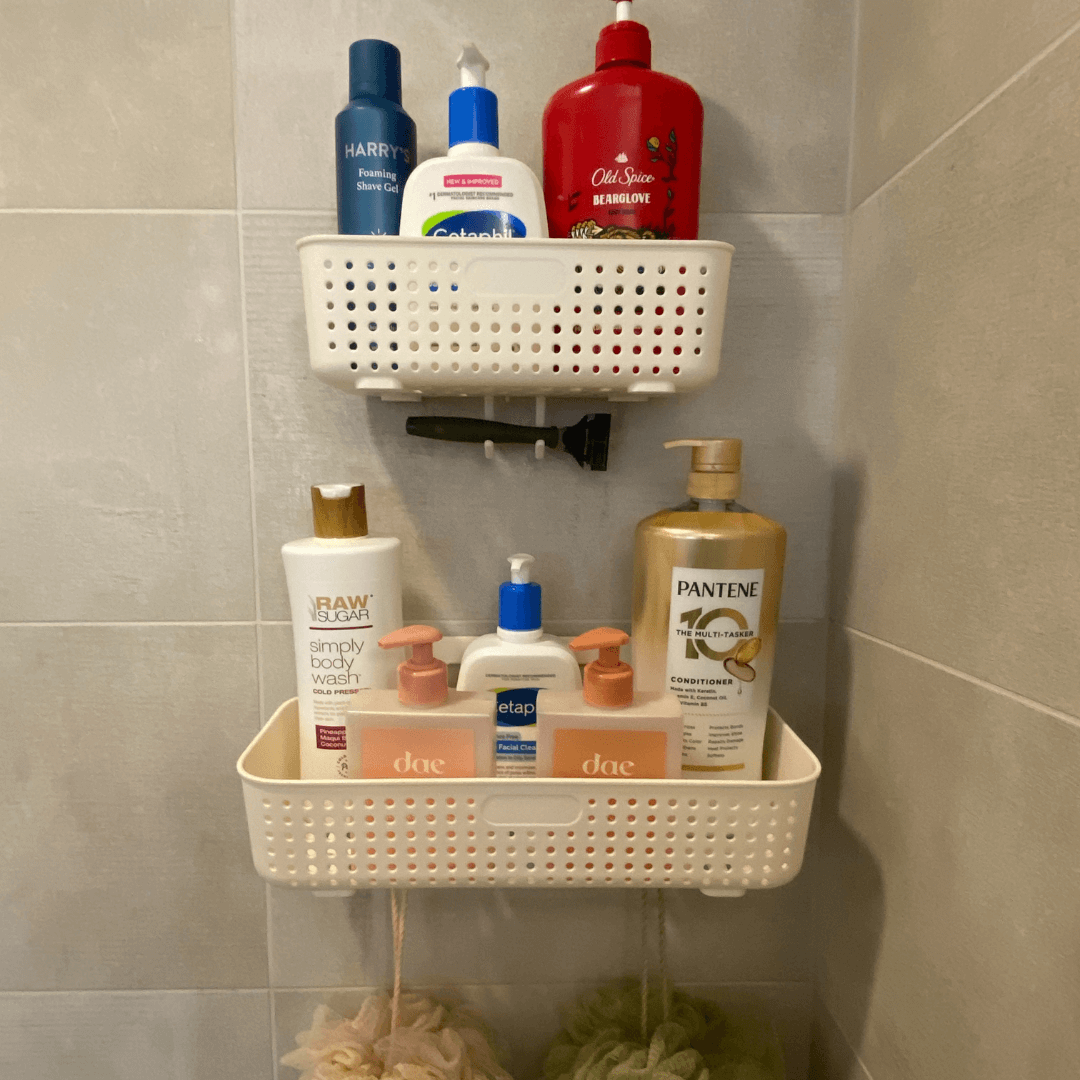 SplashZen Shower & Bath Shelves Full With Accessories View